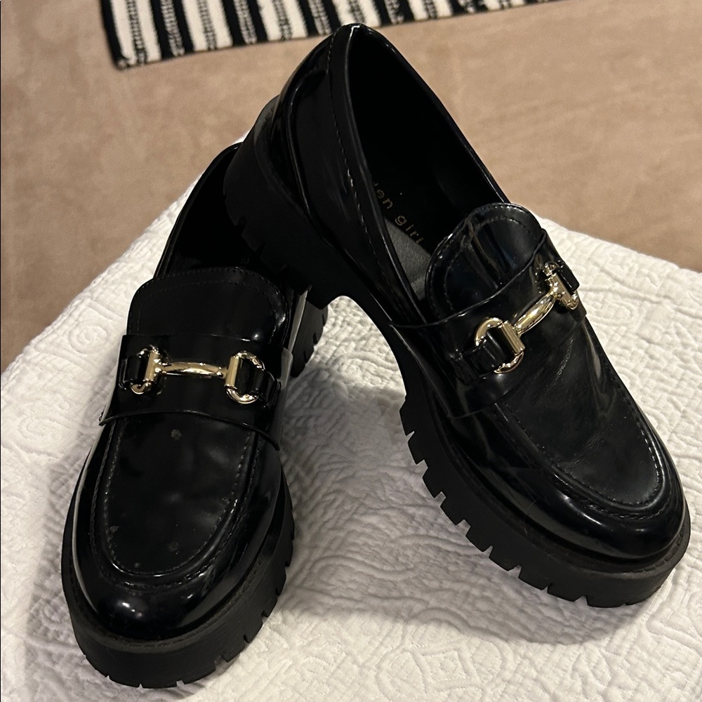 Madden Girl Black Patent Lug Sole Loafers with Gold Bit